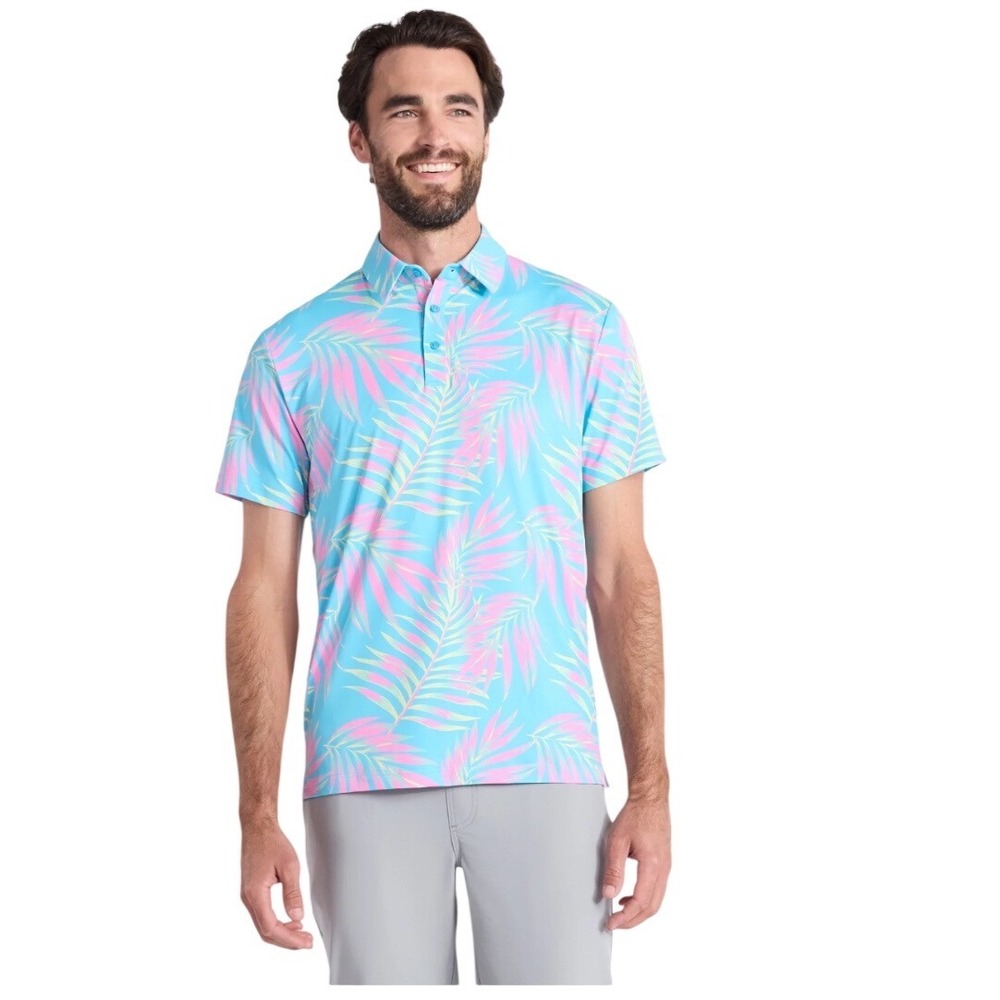 Sunday Swagger Mens‎ Medium Golf Polo Shirt Pastel Tropical Palm Pink Mint Blue